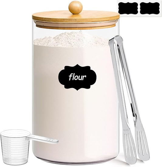 ComSaf 1 Gallon Glass Jar, 3.9 Qt Flour Container, Large Glass Canister with Lid, Food Storage Pantry with Spoon and Clip for Sugar, Oat, Rice, Beans, Pasta, Coffee, Grain-NeatNest