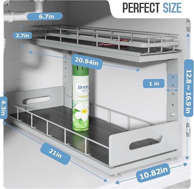 2 Pack 21 in Depth Pull Out Cabinet Storage with Smooth Rails,2-Tier Dual Pull Out Cabinet Storage for Bathroom Kitchen,Under Sink Shelf-Gun Gray-NeatNest