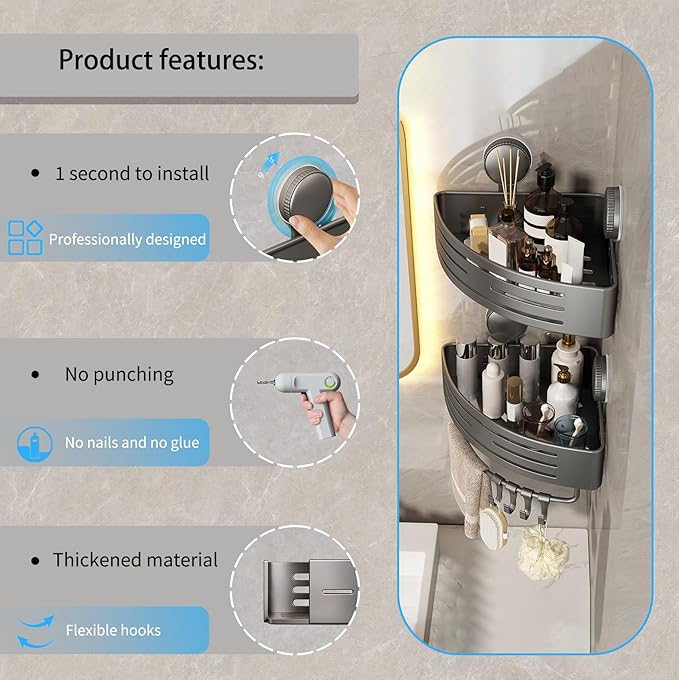 Suction Cup Shower Shelf,Shower Caddy Corner with Hooks and Towel Bar,Wall Hanging Corner Shower Caddy Suction Cup,No Drilling Rust Proof Aluminum Shower Shelf for Toilet & Kitchen(2-Pack,Gray)