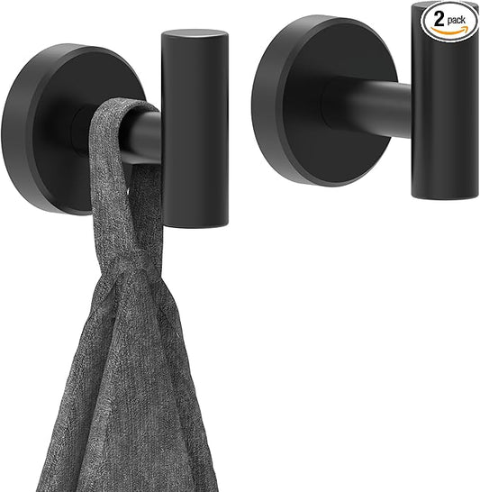 Black Bathroom Towel Hook, Coat Robe Clothes Hook for Kitchen Garage Wall Mounted 2 Pack, 304 Stainless Steel, Heavy Duty Door Hanger, Cabinet Closet Wall Hook for Hotel Pool (Matte Black)