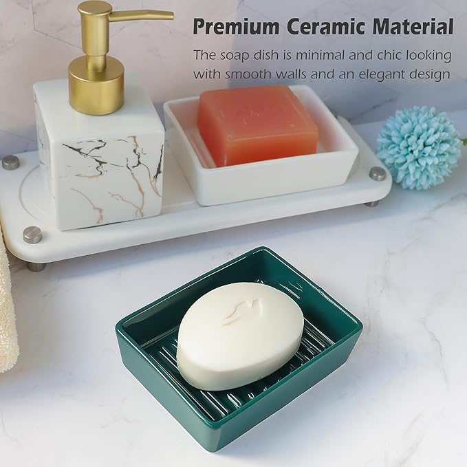 Green Soap Dish，Ceramic Soap Dishes for Sink Bathroom Shower Kitchen, Easy to Clean Keeps Soap Dry, Multi-Purpose Non-Slip Soap Tray (Dark Green)-NeatNest