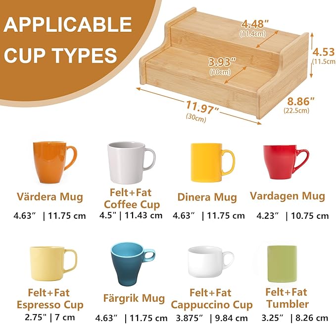 2-Tier Expandable Coffee Mug Holder, Mug Organizer for Kitchen Cabinets, Bamboo Mug Cup Rack, Multi-Functional Cup Holder Shelf, Coffee Bar Organizer, Home-NeatNest