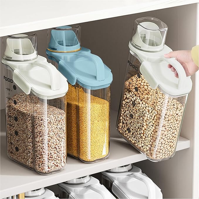 2 PCS Airtight Storage Containers, 2.8L/95fl.oz Cereal Rice Holder, Dog Cat Food Dispenser with Measuring Cup, BPA Free Clear Plastic Kitchen Pantry Organization Bin, 1 Blue+1 White-NeatNest