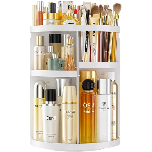 Makeup Organizer 360 rotating, Adjustable Skincare Organizers with Brush Holder, Cosmetics Display Cases for Vanity Bathroom Countertop Large Capacity Carousel Make up Caddy Shelf (White)-NeatNest