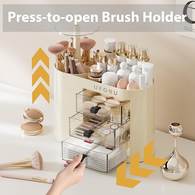 Makeup Organizer with Drawers for Vanity, 4 Slot Brush Holder with One Touch Open,Spacious Cosmetic Storage for Dresser Vanity and Bathroom Countertop, Beauty Holder for Lipstick Skincare(White)-NeatNest
