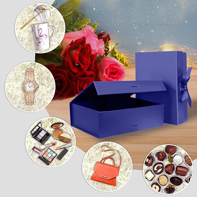 10.5"X7.5"X3.1" Blue Magnetic Gift Box with Lid and Ribbon for Presents-NeatNest