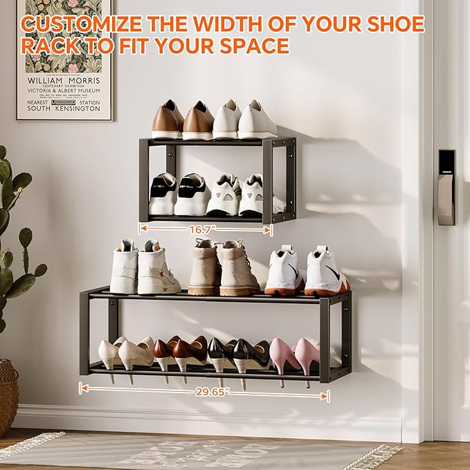 Homeiju Hanging Shoe Organizer,2 Pack Wall Mounted Shoe Rack Holds 12 Pairs,Space Saving Metal Wall Shoe Rack,Hanging Shoe Rack Shoe Holder for Small Space,Entryway,Closet,RV,Camper（Black-NeatNest