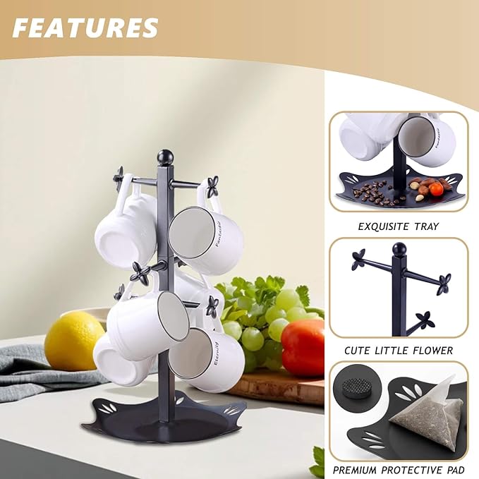 Coffee Mug Holder for Countertop, Cup Holder with 6 Hooks, Mug Stand for Counter, Coffee Bar Accessory, Mug Tree Station Organizer, Black-NeatNest