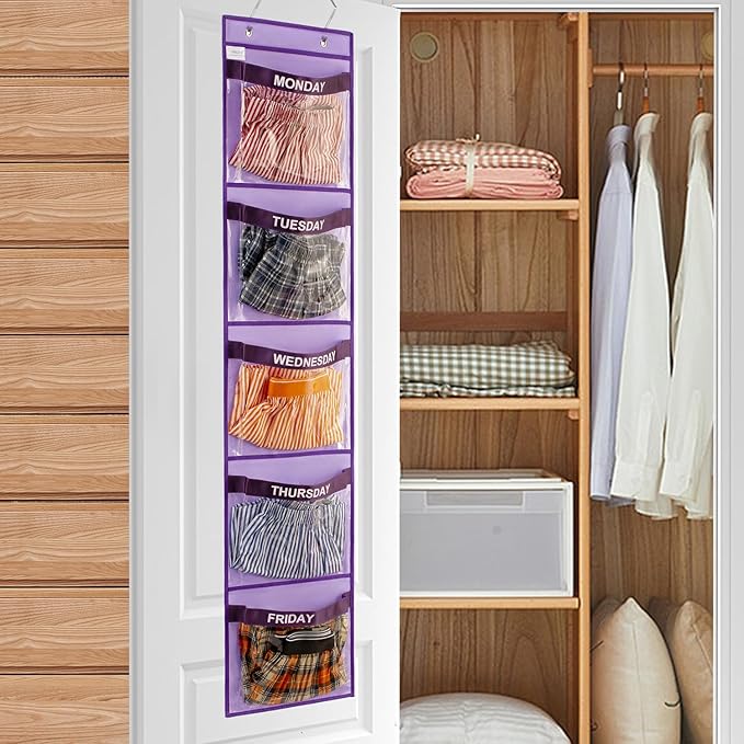 Day of Week Kids Clothes Organizer Weekly Hanging Closet Organizer Monday to Friday School Clothing Storage (PURPLE)-NeatNest