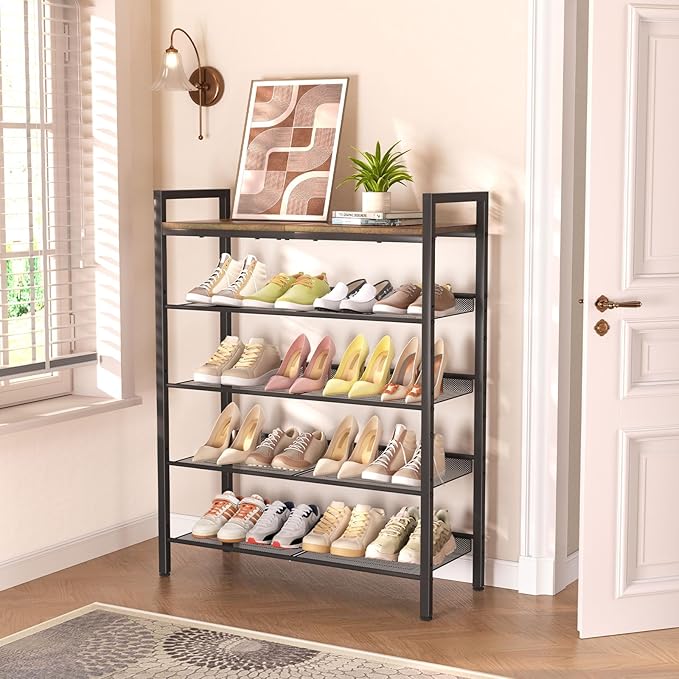 Shoe Rack for Front Door Entrance, 5 Tier Shoe Rack for Entryway, 16-20 Pairs of Shoes, Metal Shoe Rack Organizer, Free Standing Shoe Rack for Closet (Black+Rustic Brown)-NeatNest