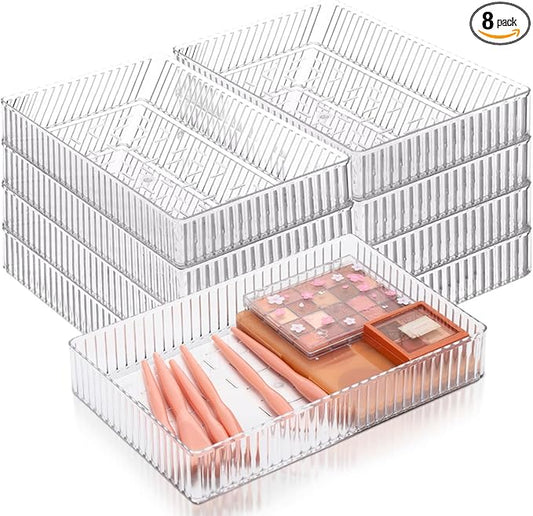 8 Pcs Clear Drawer Organizers Bins Stackable Makeup and Vanity Organizer Trays Clear Plastic Drawer Organizers Set for Office Desk Dividers(9.9 x 6.3 x 1.8 Inches)