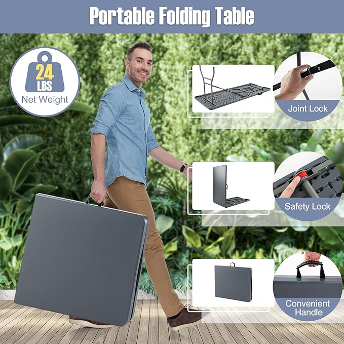 Goplus 6ft Plastic Folding Table, 350 LBS Outdoor Heavy Duty Folding Tables with HDPE Tabletop, Handle, Lock, Foldable Rectangle Portable Utility Card Table for Picnic, Party, Camping, Dining-NeatNest