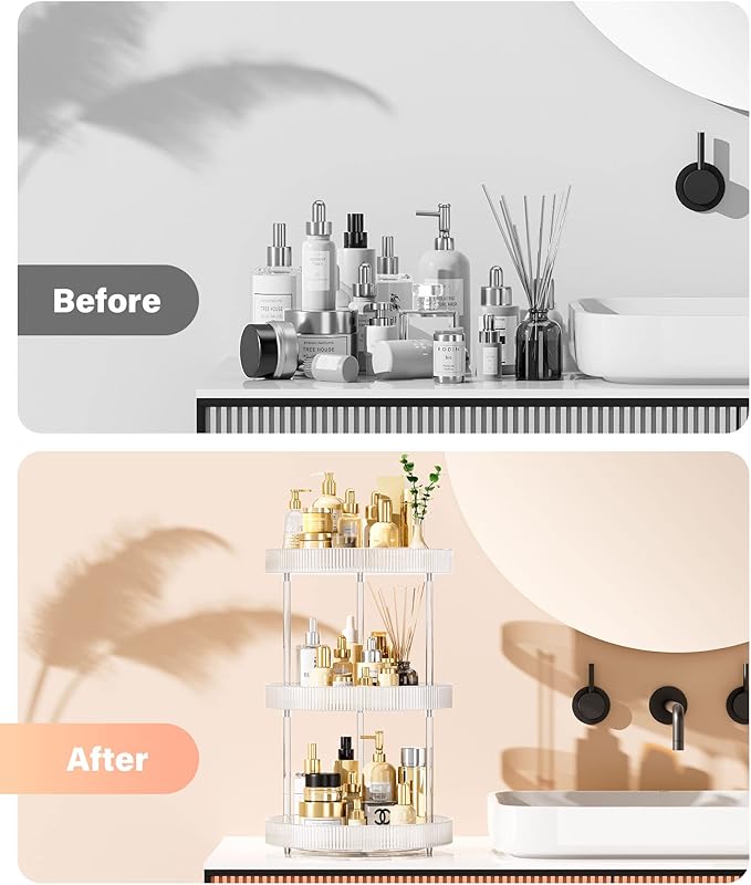 3 Tier Lazy Susan Bathroom Countertop Organizer, 360° Clear Rotating Makeup Cosmetic Perfume Storage Tray, Spinning Vanity Organizer Shelf for Bathroom Cabinet, Dresser, Kitchen(Large)-NeatNest