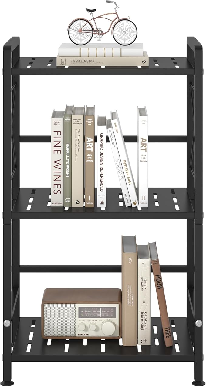 JSB 3 Tier Metal Bookshelf Bathroom Storage Standing Shelf Unit Kitchen Storage Organizer Display Rack Bookcases Shelves for Living Room, Bedroom, Office (Widen Black, 3 Tier)
