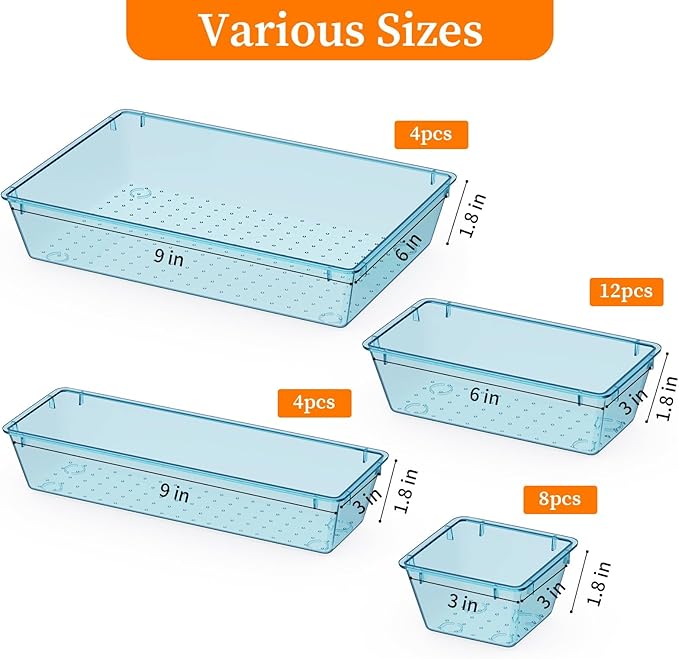32 PCS Clear Plastic Drawer Organizer Set, 4-Size vanity organizer Trays and Storage Bins for Makeup, Jewelry and Gadgets in Bedroom, Bathroom and Office, Clear Sea Blue-NeatNest