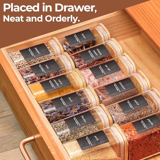 Comsaf Spice Jars with Label，8 oz Small Glass Jars with Lids, 6 Pcs Seasoning Containers, Rectangle Glass Containers with Lids, Empty Seasoning Jars for Pantry Storage, Loose Tea, Herbs, Powders, Salt-NeatNest