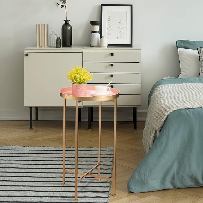 HollyHOME Small Round Metal End Table, Accent Indoor&Outdoor Coffee Side Table, Snack Sofa Table for Living Room, Anti-Rust Decorative Plant Stand, (D) 14.5" x(H) 25", Gold&Pink-NeatNest