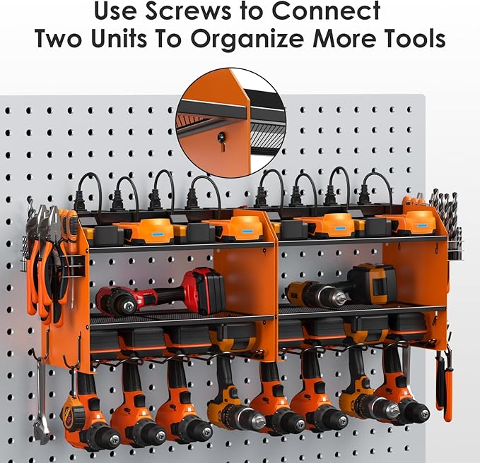 CCCEI Set Power Tool Organizer Wall Mount with Charging Station. Garage 4 Drill Storage Shelf with Hooks, Heavy Duty Metal Tool Battery Charger Organizer. Shop Utility Rack with Power Strip Orange.-NeatNest