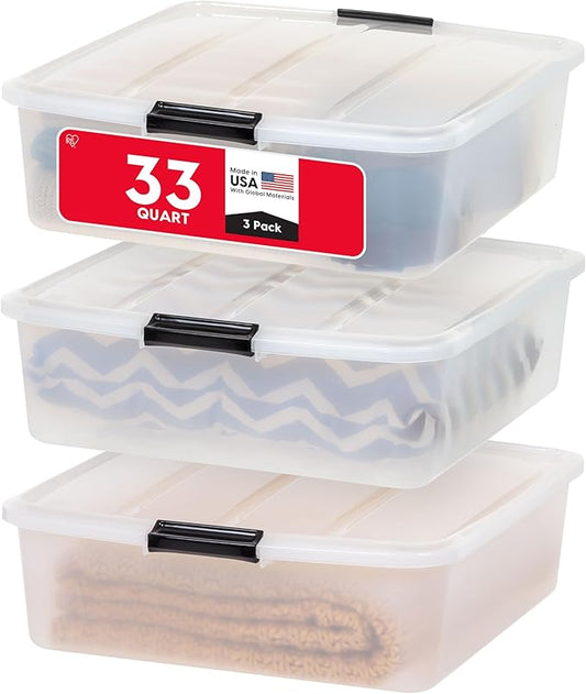 IRIS USA 33 Qt Plastic Under Bed Storage Organizer Bin Container with Secure Lids and Durable Black Buckles, 3-Pack, Multi-Purpose for Clothes Shoes Clothing Bedding, Short, Clear-NeatNest