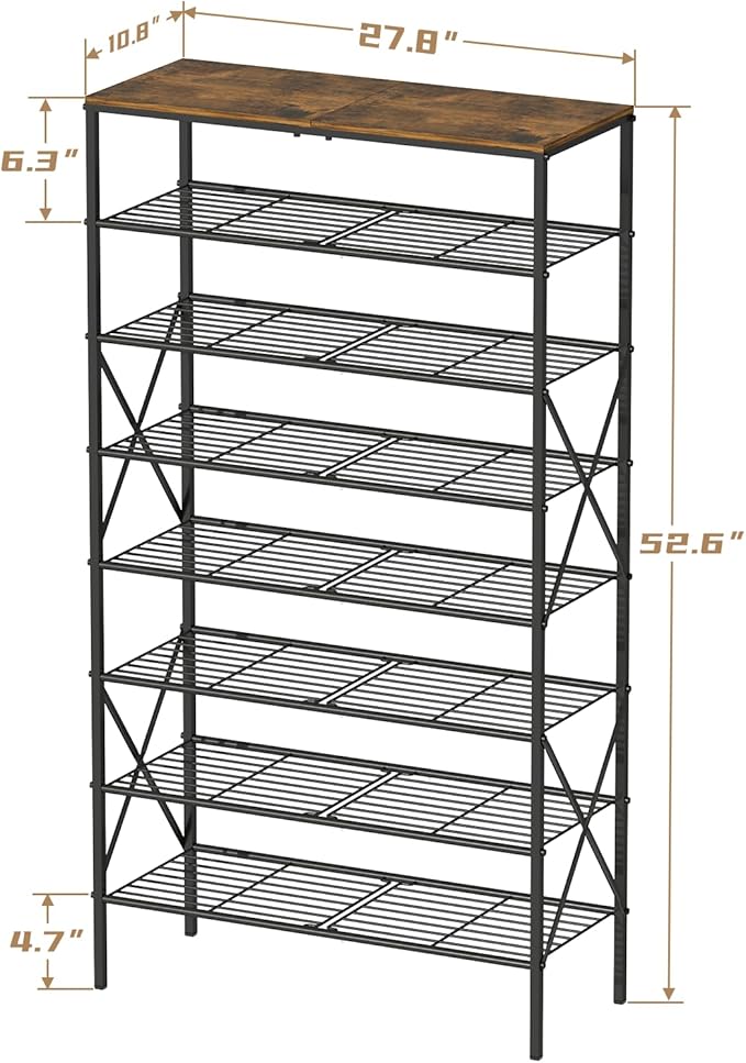 8-Tier Metal Shoe Rack for 32 Pairs, Heavy-Duty Shoe Organizer with Rustic Wooden Top, Space-Saving Entryway Shoe Storage for Closet, Garage, Hallway, Bedroom, Black & Rustic Brown-NeatNest