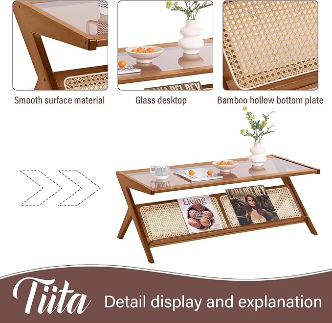 Tiita Rattan Coffee Table, Bamboo Accent Bedside Tables, Glass Nightstand Side Table, Boho Wooden End Table with Storage for Living Room,Living Room, Dining Room, Tea, Home Décor