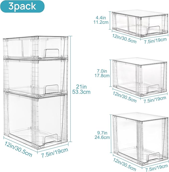 Vtopmart 3 Pack Clear Stackable Storage Drawers,Easy to Assemble Bathroom Organizers and Storage with handles,Plastic Drawers for Kitchen Pantry,Cabinet,Under Sink Organization-NeatNest