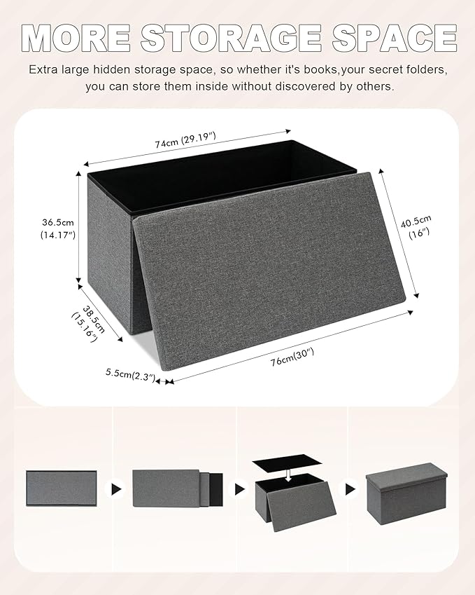 B FSOBEIIALEO Storage Ottoman with Tray, Linen Coffee Table Folding Long Shoes Bench Footstool, Dark Grey 30"x15.74"x15"-NeatNest