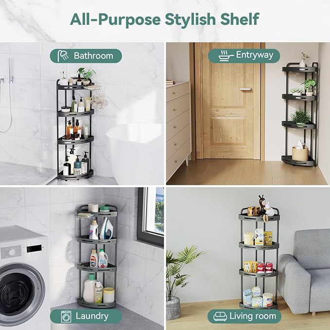 Corner Shower Caddy Stand, 4 Tier Rustproof Standing Shower Organizer with Soap Holder, Aluminum Shower Shelf for Bathroom Storage, Gray