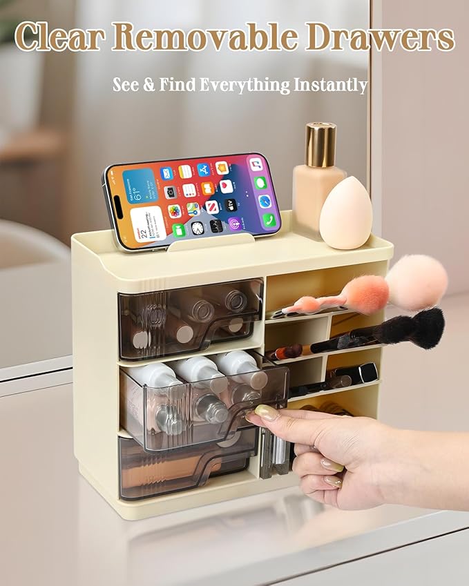 Makeup Organizer with Drawers&Phone Holder,Multi-Function Cosmetic Storage Organizer,Stackable Makeup Organizer Countertop for Makeup Brushes,Lipstick,Skincare and Bathroom Vanity Organization (Beige)-NeatNest