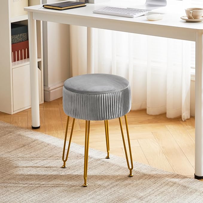 IBUYKE Velvet Storage Footrest Stool Ottoman, Makeup Vanity Stool Side Table with Golden Steel Legs Removable Cover, Coffee Table Top Cover, Grey LG-20G