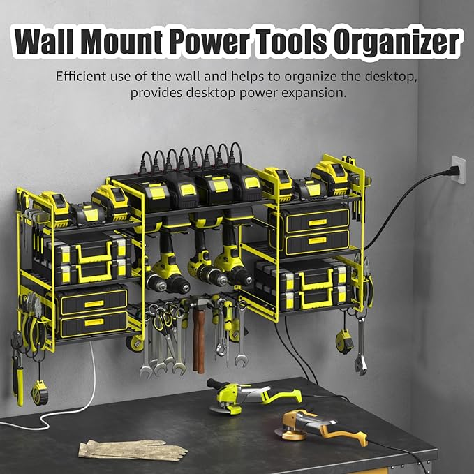 CCCEI Green Power Tool Organizer Wall Mount, Large Tools and Battery Storage Rack Charging Station Individual Switches. Drills Holder, Garage Utility Shelves with 6FT Power Strip. Gift for Men.-NeatNest
