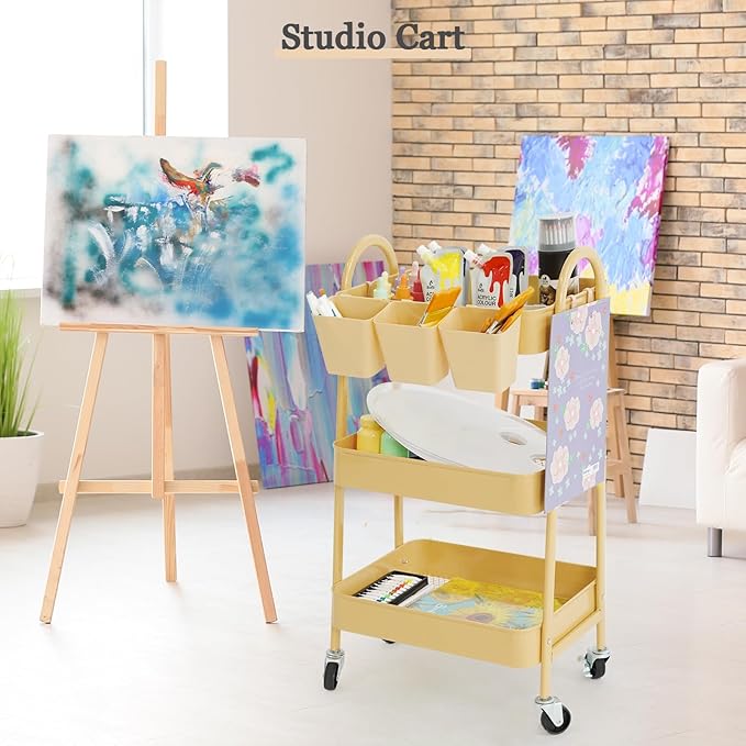 danpinera 3-Tier Rolling Cart, Metal Rolling Storage Cart with Lockable Wheels & Hanging Cups & Hooks, Mobile Trolley for Kitchen, Bathroom, Office, Workshop, Yellow-NeatNest
