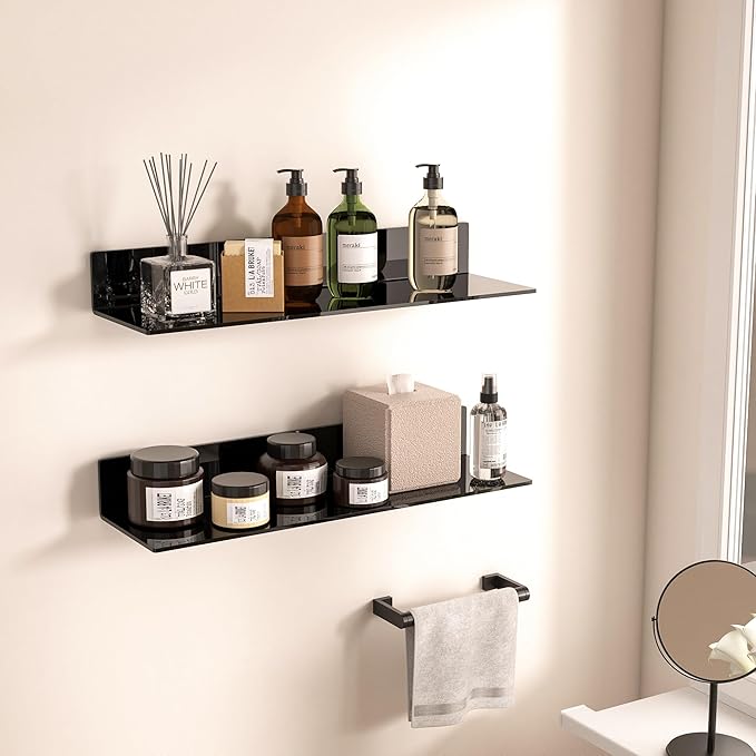 20 Inches Acrylic Wall Shelves 2 Pack, Floating Shelf for Wall Mounting, Acrylic Display Ledges for Funko Pop Figures, Home Décor, Living Room, Gaming Room, Plants(20 inch, Black)-NeatNest