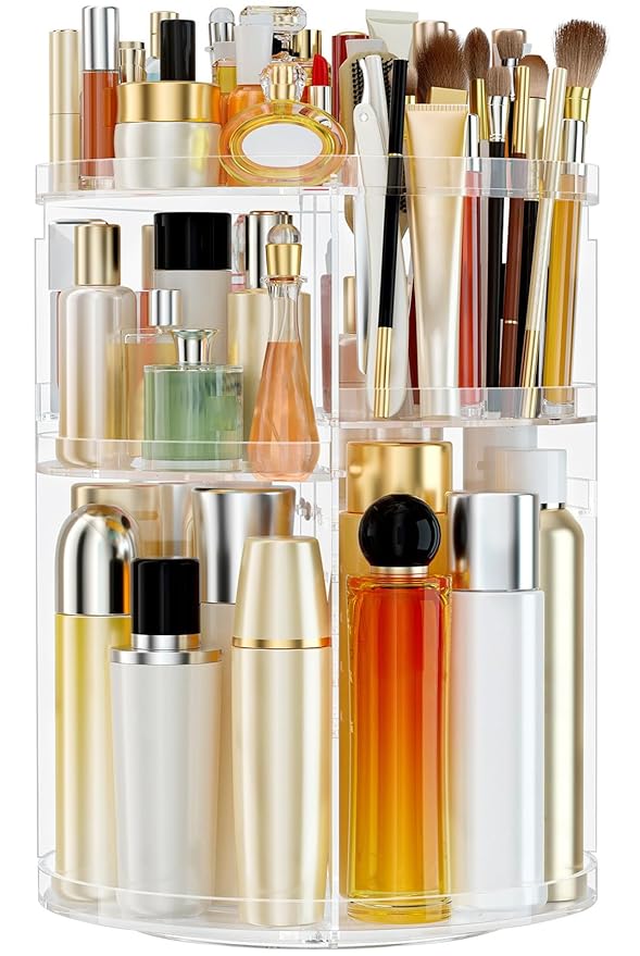 Makeup Organizer 360 rotating, Adjustable Skincare Organizer with Brush Holder, Cosmetics Display Cases for Vanity Bathroom Countertop Large Capacity Carousel Make up Caddy Shelf (Transparent)-NeatNest