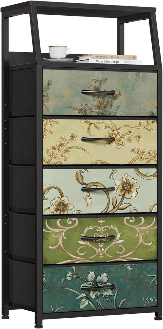Furnulem Retro 5 Drawers Dresser, Tall Dressers for Bedroom, Closet, Hallway, Nursery, Fabric Storage Tower Organizer, Vertical Nightstand Side Table Furniture, Steel Frame, Wood Top-NeatNest