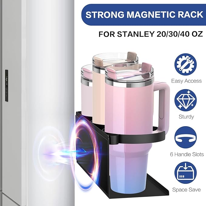 KALYLOC 2 Packs Magnetic Cup Holder for Stanley Cup 30/40 oz, Water Bottle Organizer for Stanley Cup Accessories with 6 Hook for Fridge, Tumbler Holder Organizer Storage Rack for Kitchen Cabinets