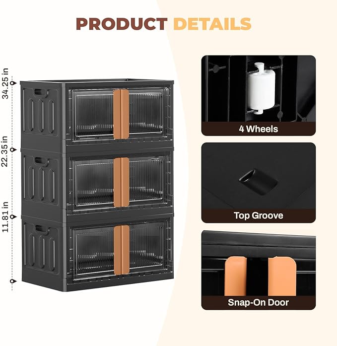 FAHKNS 3 Pack 8.4 Gallon Collapsible Storage Boxes, Lidded Storage Box with Door and Wheels for Books, Towels and Toys, Folding Storage Box for Home, Black