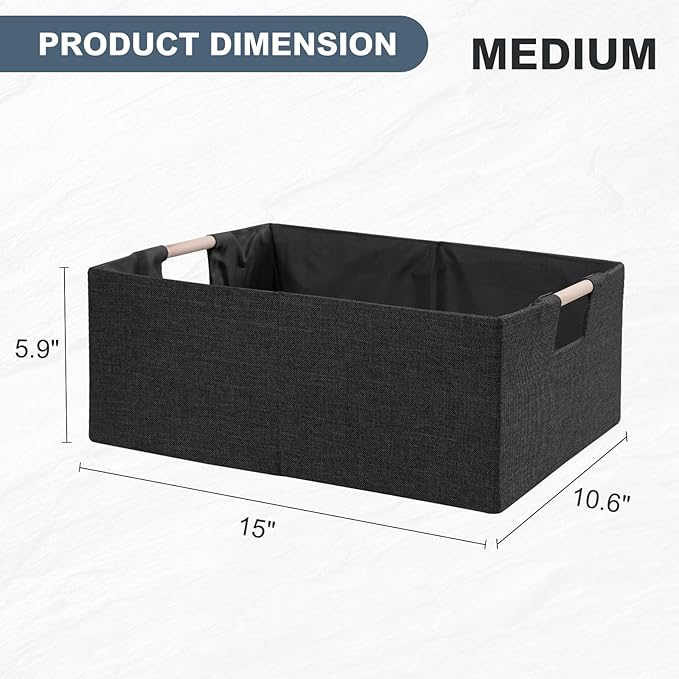 ANMINY 2PCS Storage Baskets for Organizing Collapsible Fabric Storage Bins Boxes with Wood Handles Closet Shelves Cube Organizer Bins Clothes Laundry Storage Container - Medium, Black-NeatNest