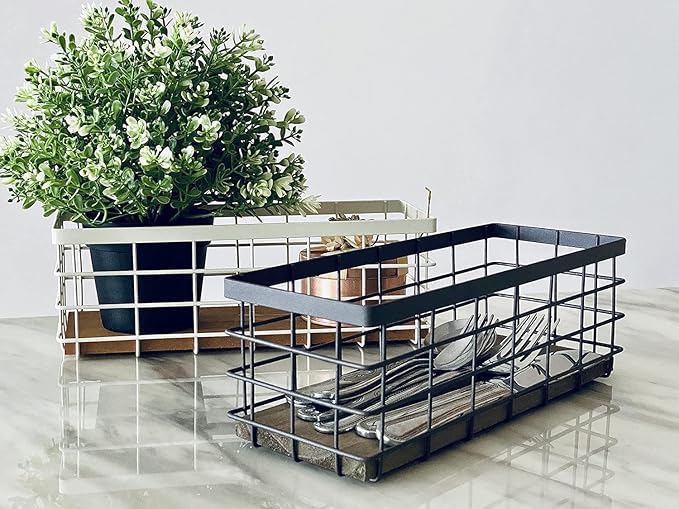 HUA HUALINK- Small Metal Wire Storage Basket, Detachable Wood Base Storage Organizer Bin Basket for Kitchen Cabinets, Bathroom, Pantry, Garage, Laundry Room - Brown