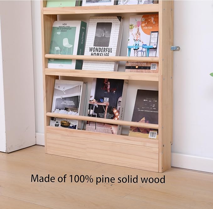 Wooden 5 Tiers Kids Bookshelf, Wall Mount Shelf with Hooks, Organizer for Toys and Books (Nature)