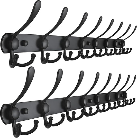Dseap Coat Rack Wall Mount - 29.5” Long 8-Tri-Hooks Heavy Duty Coat Hanger Rail Wall Hooks for Hanging Coats Hats Clothing Clothes Purse Mudroom Entryway, Black, Pack of 2-NeatNest