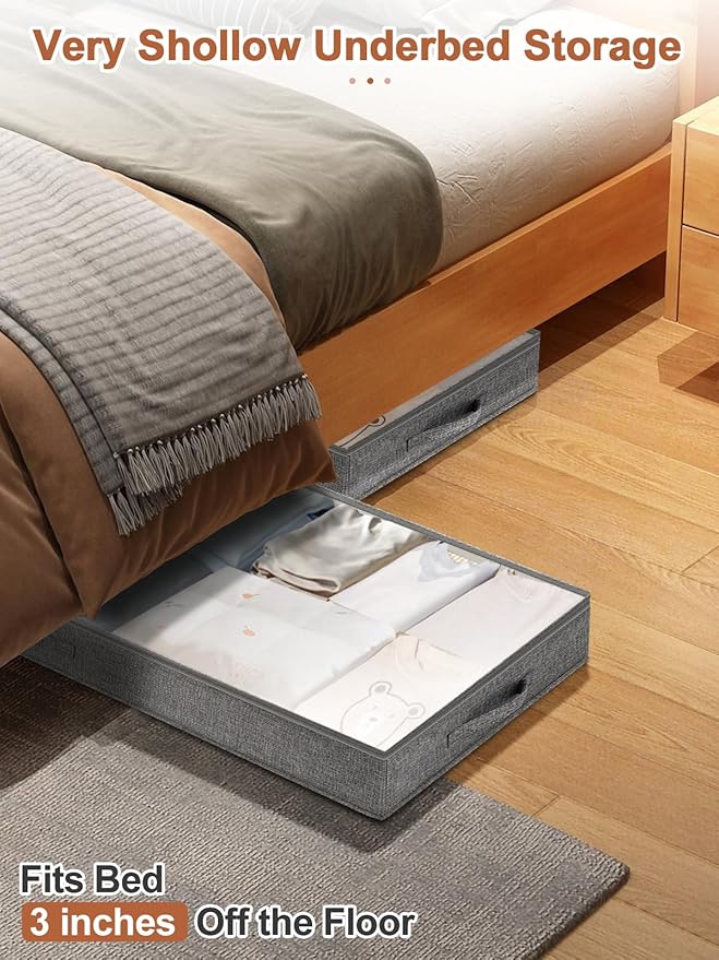 3 Inch Low Profile Under Bed Storage Bins with NO STURCTURE Design, Shallow Clothes Storage Bags with Clear Lids & Waterproof Fabric, 2-Pack, Grey – Fits Under Sofa, Couch, Dorm, or College Beds-NeatNest