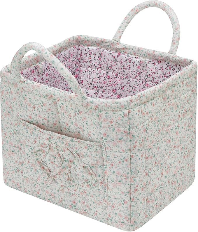 Boho Fabric Storage Basket Quilted Floral Print Baskets Organizer Bin with Handles for Home, Picnic, Shopping (Green, L)-NeatNest