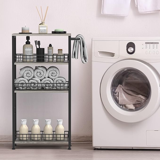 4 Tier Slim Storage Cart Narrow Laundry Cart on Wheels Utility Kitchen Rolling Cart with Wood Tabletop Mobile Shelving Unit Bathroom Storage Organizer Slide Out Rolling Tower for Narrow Spaces-NeatNest