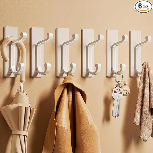 6 Pack Self Adhesive Wall White Hooks - Coat Hooks Wall Mount for Clothes, Towel, Keys, Purse, Backpack, Bag, Hat, Sticky Hooks for Door, Kitchen, Bathroom, Shower, Rental Houses, Hold 10Lbs.