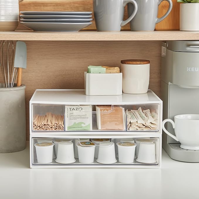STORi 2 Tier Wide Stackable Kitchen Storage Drawers, White with Clear Bins with Handles, Drawer Organizers for Pantry, Bathroom Undersink, Cabinet Organization and Storage, 2 Drawer Pack, Made in USA-NeatNest