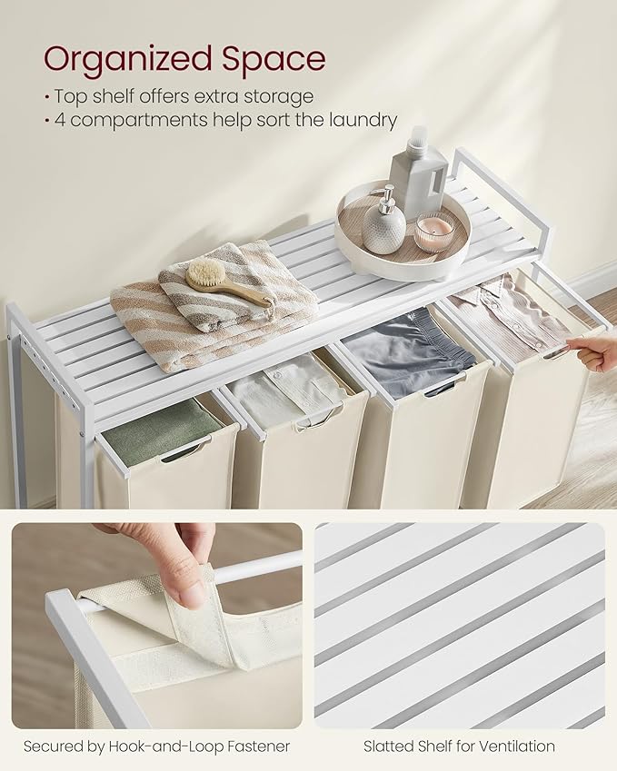 VASAGLE Laundry Hamper, Laundry Basket, Laundry Sorter with 4 Pull-Out and Removable Bags, Shelf, Metal Frame, 4 x 10.6 Gallons (40 L), 45.7 x 13 x 28.4 Inches, Cream White and Cloud White UBLH401W01-NeatNest