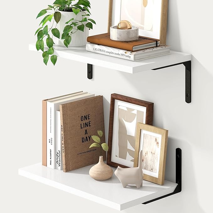 Fun Memories Deep Floating Shelves, 16W x 8D Floating Shelves Set of 2, Wall Mounted Shelf with Metal Brackets, Rustic Wood Wall Shelf for Bathroom, Kitchen and Living Room, White-NeatNest
