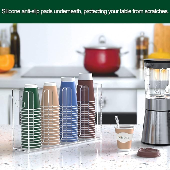 Disposable Coffee Cup Dispenser with Handles, Countertop or Wall Mount Hot/Cold Drink Cup and Lid Holder - Bathroom/Kitchen/Office Acrylic Cup Lid Storage Organizer (4 Compartments, Clear)-NeatNest