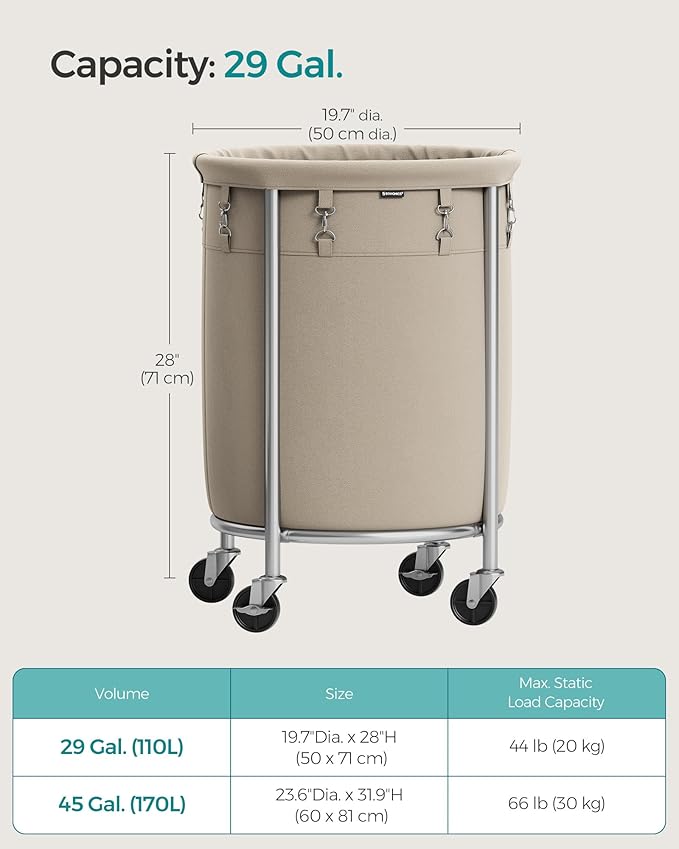 SONGMICS Laundry Basket with Casters, Rolling Laundry Hamper, 29 Gal., Round Laundry Cart with Steel Frame and Removable Bag, 4 Casters and 2 Brakes, Camel Brown and Metallic Silver URLS002N01